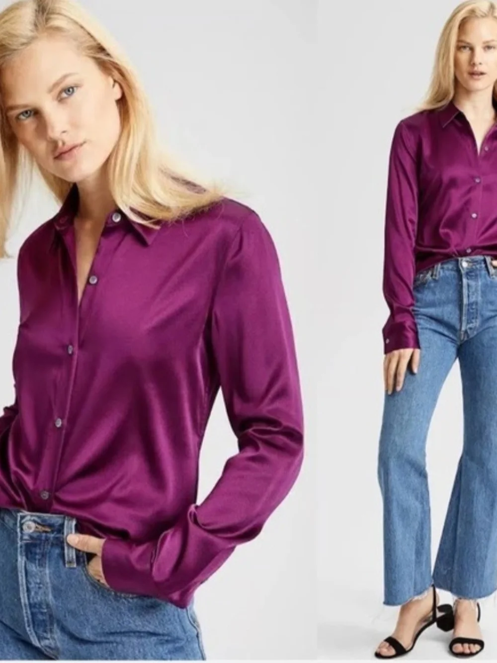 Theory Purple Satin Button-Front Blouse - Picture 4 of 4